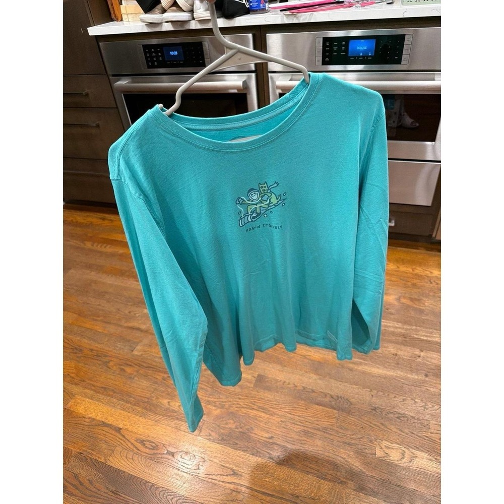 Life is good long-sleeve graphic t-shirt rapid travel sledding women's large